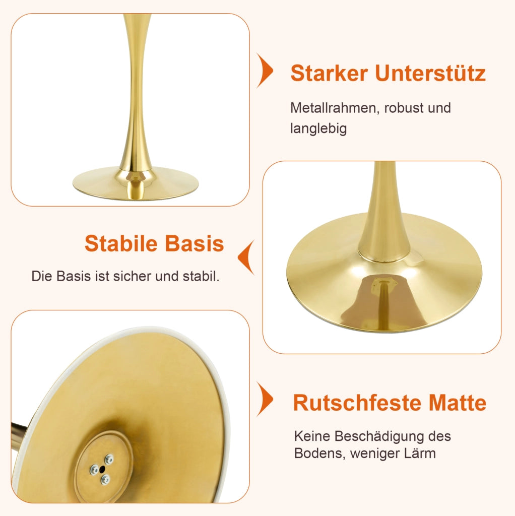 Set tavolo rotondo con 2 sedie grigio chiaro e struttura oro
