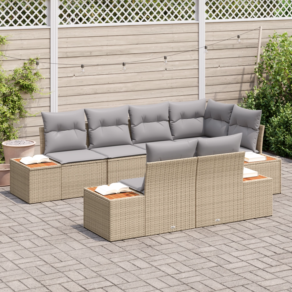 Set Divano da Giardino da 7 Pezzi con Cuscini Beige e Rattan Poliacacia