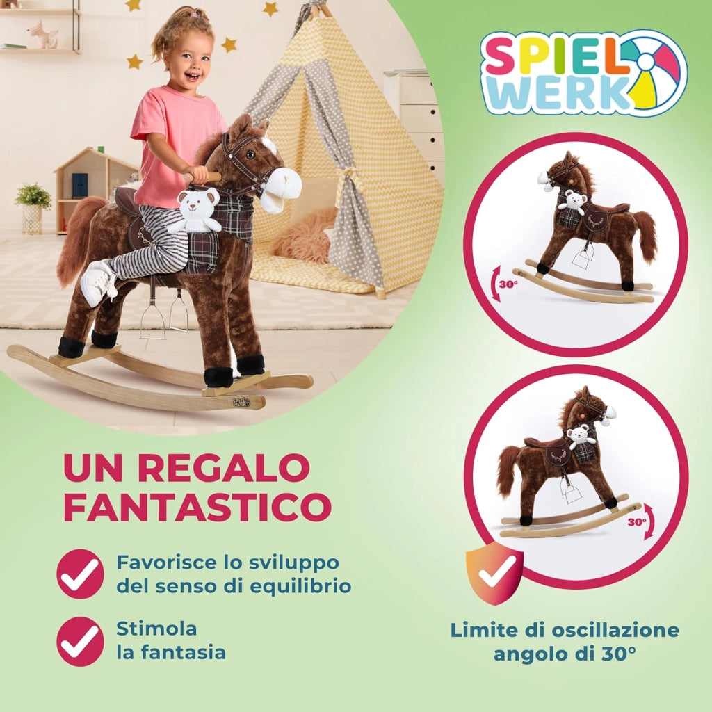 DEUBA® Cavallo Peluche a Dondolo in Legno con Suoni Animale a dondolo Giochi Infanzia Gioco Bambini Giocattolo Regalo