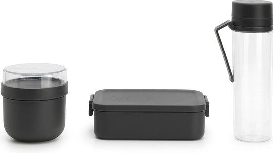Set di Colazione e Pranzo - Bicchiere di Acqua 0.5L - Bicchiere di Yogurt 0.5L - Scatola di Pranzo - Spazio per 2 Panini - Resistentente all'Uso in Lavastoviglie - Materiale Donkergrijs