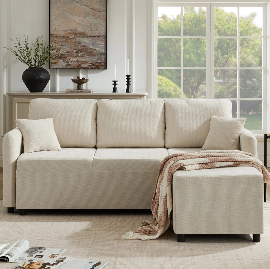 Divano angolare 3 posti a L in ciniglia beige chiaro