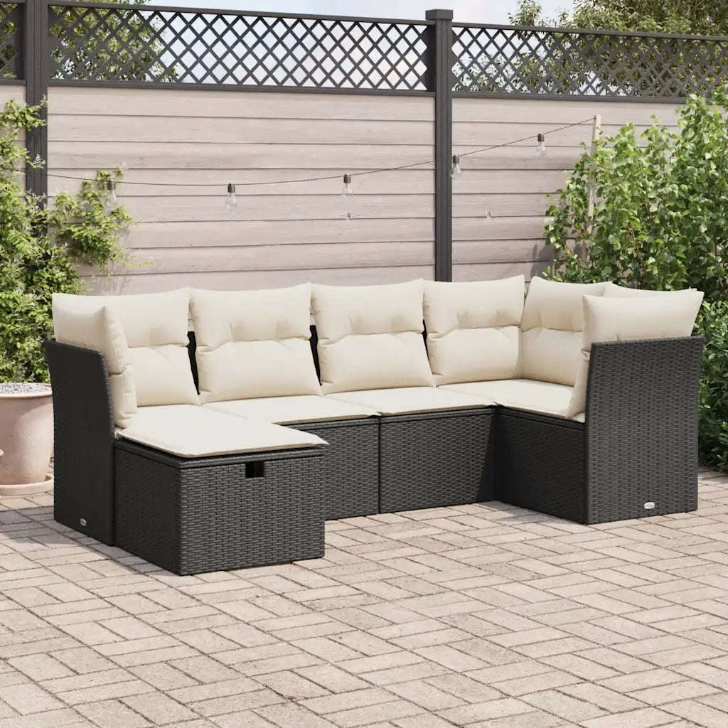 Set Divano da Giardino 6 pz con Cuscini Nero in Polyrattan