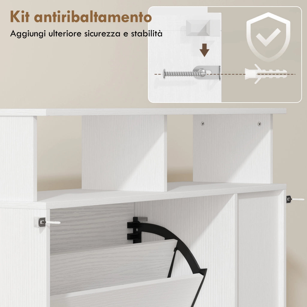 Scarpiera Slim 89x25x92 cm con Divisori Regolabili e Ripiani a Giorno in MDF Bianco