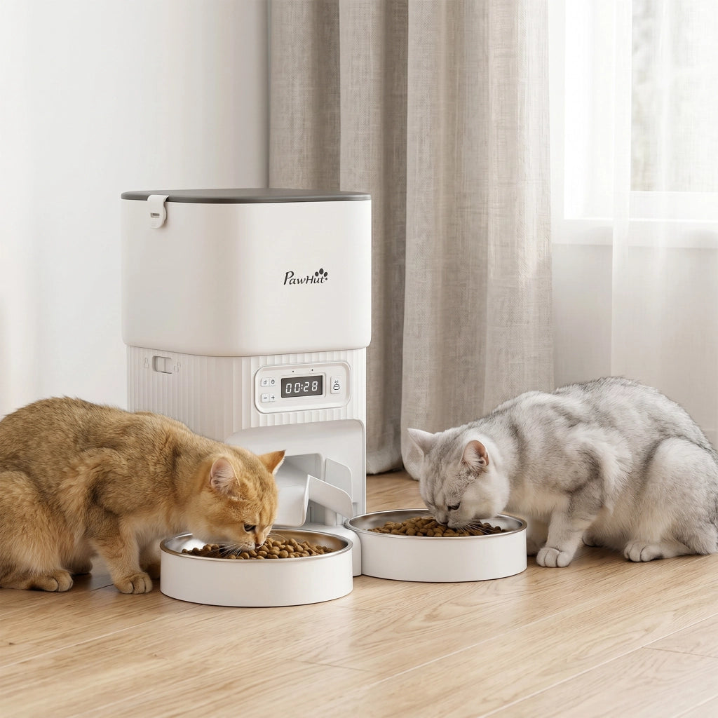 Dispenser automatico cibo per gatti con timer e 2 ciotole acciaio inox ¨C Minimal ¨C Grigio