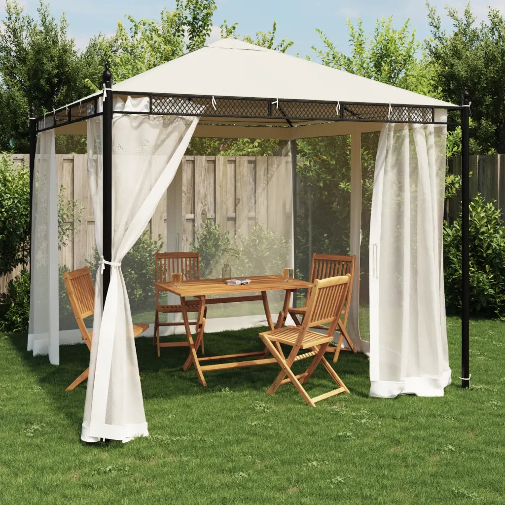 Gazebo | Pergolato con Pareti in Rete Crema 2,93x2,93 m in Acciaio