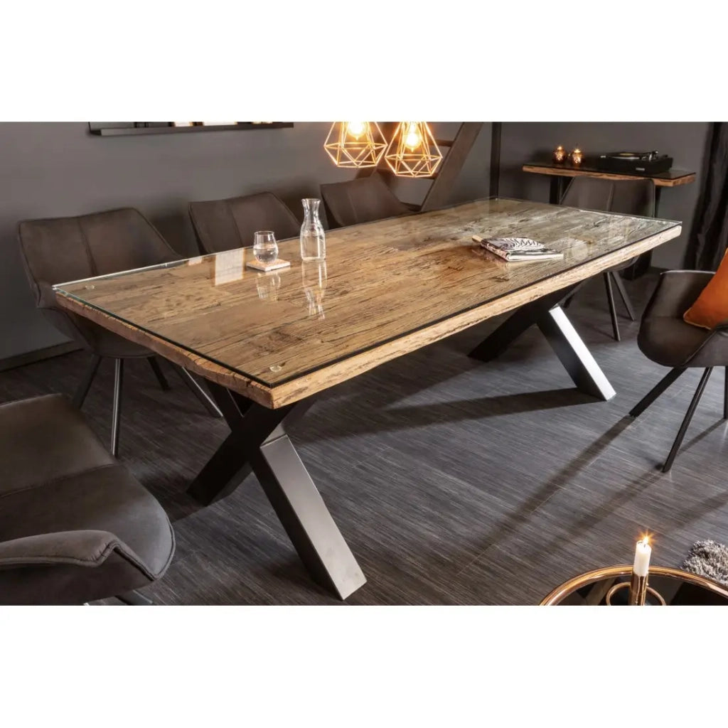 Table RAFTA 220 x 100 cm - Piano in teak massiccio con vetro temperato e gambe in metallo nero a X