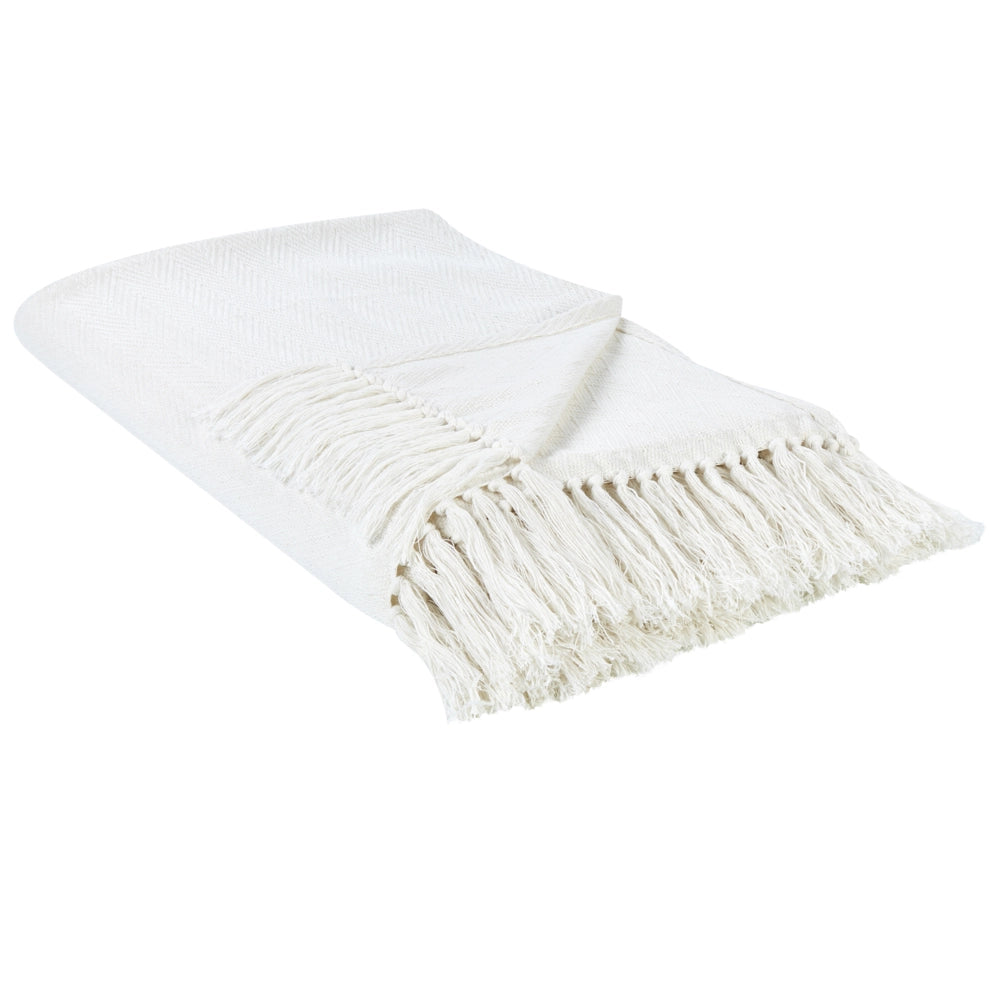 Coperta in cotone bianco 150 x 200 cm decorativa con frange a motivo Chevron Camera da letto Soggiorno