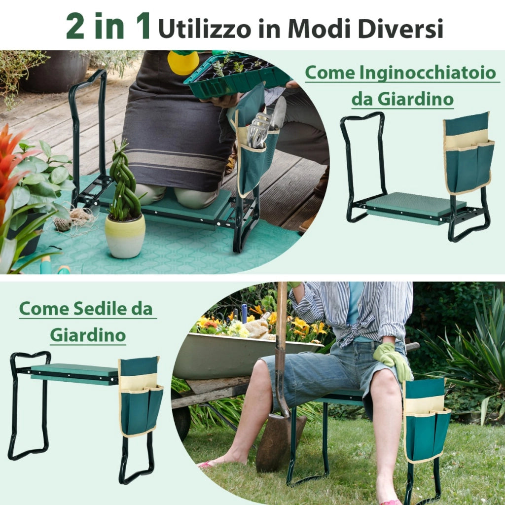 Sedile da giardino 2-in-1 portatile e pieghevole, Panchina per uso intensivo con grande borsa per attrezzi-Attrezzi da giardino