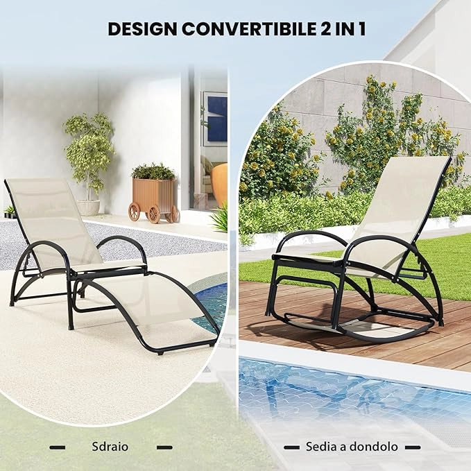 Sedia a Dondolo 2-in-1 per Giardino, Poltrona Convertibile con Schienale Regolabile a 4 Posizioni, Braccioli Curvi e Telaio in Alluminio, Sedia per Patio, Piscina, Portata 150 kg (Beige)