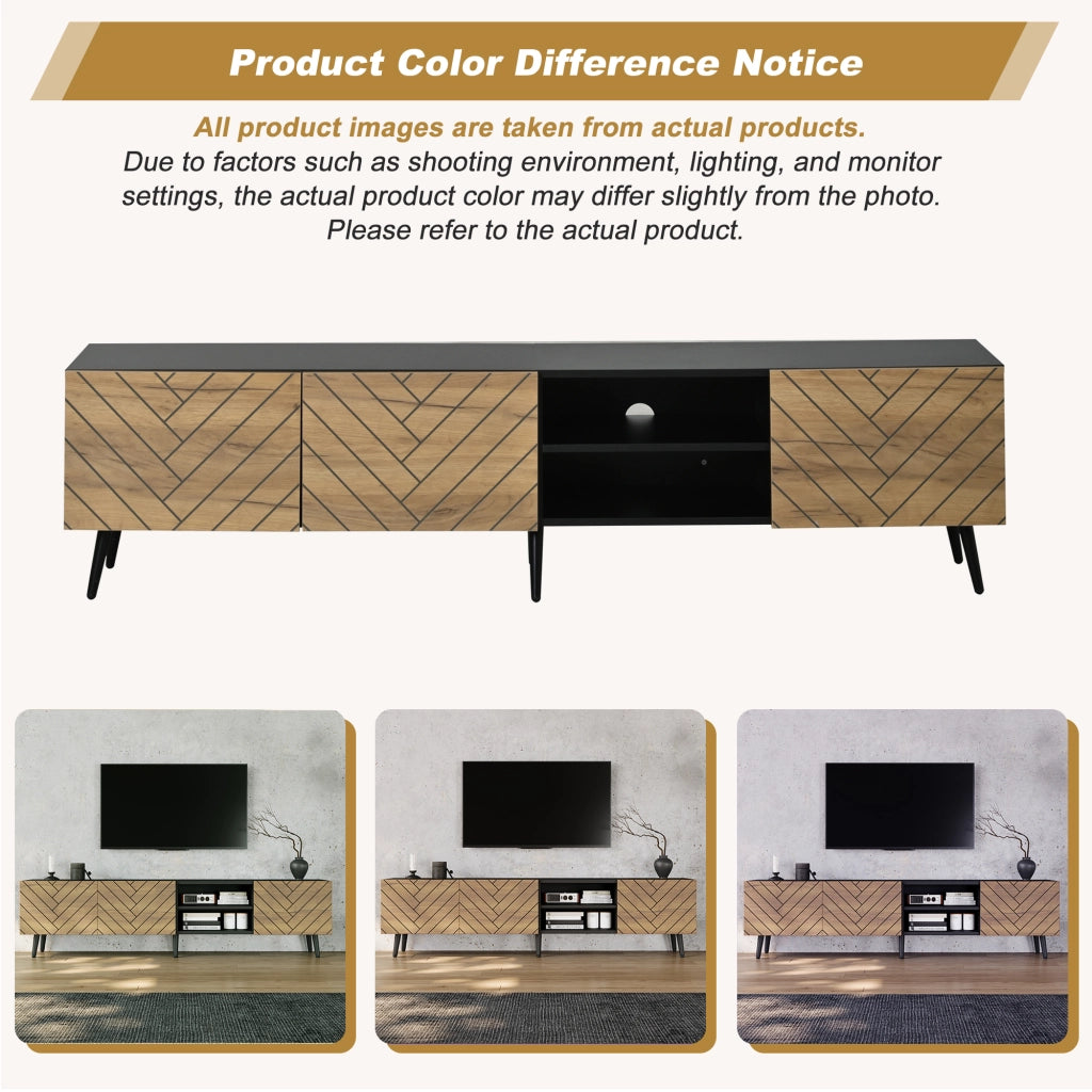 Mobile TV, cerniere silenziose, ripiani a vista, finitura effetto legno, colore legno naturale e nero