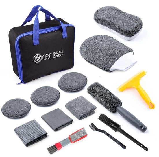 Set di pulizia completo per auto, 12 pezzi, con guanti a microfibre, asciugamano e spazzole, per pulire cerchi, interni, pelle e esterni