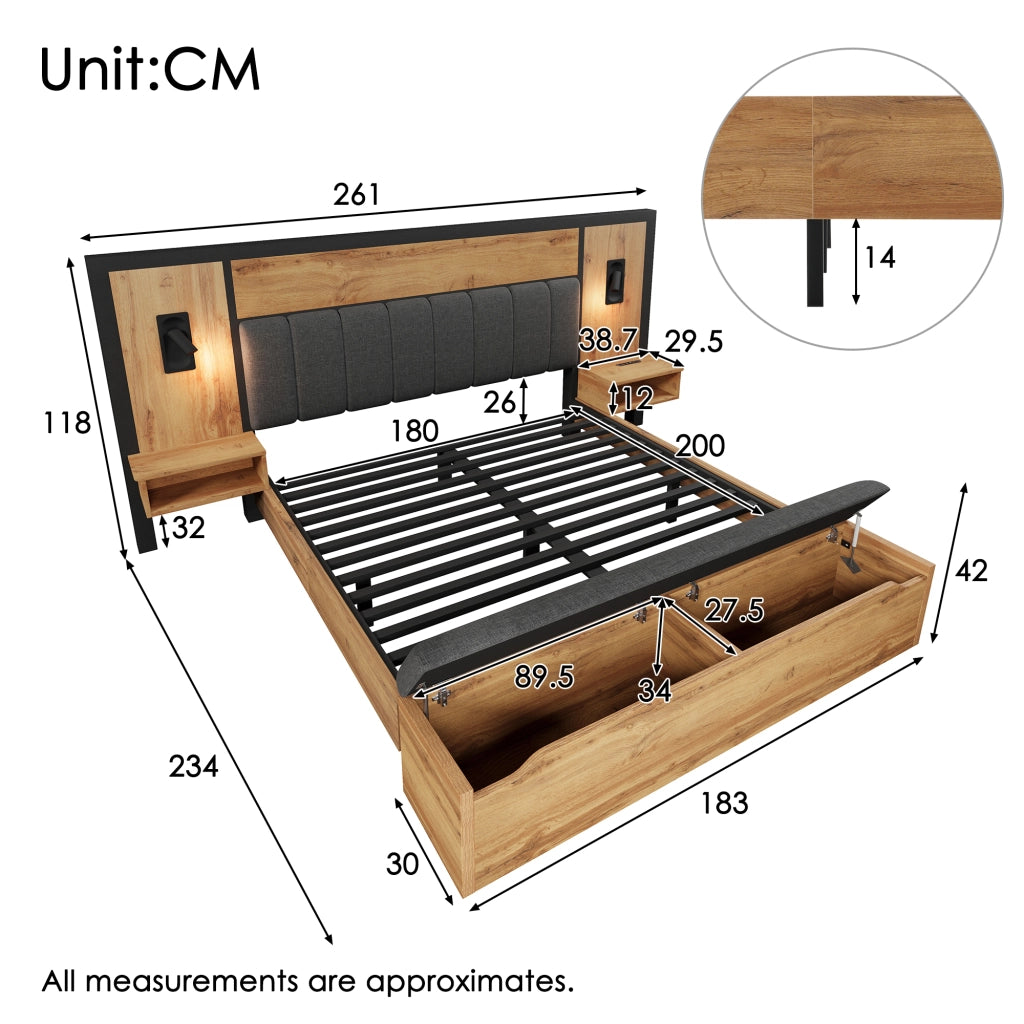 Letto Contenitore 180×200 cm; Letto Matrimoniale con Vano e Testiera Imbottita; senza Materasso; in Lino; Beige