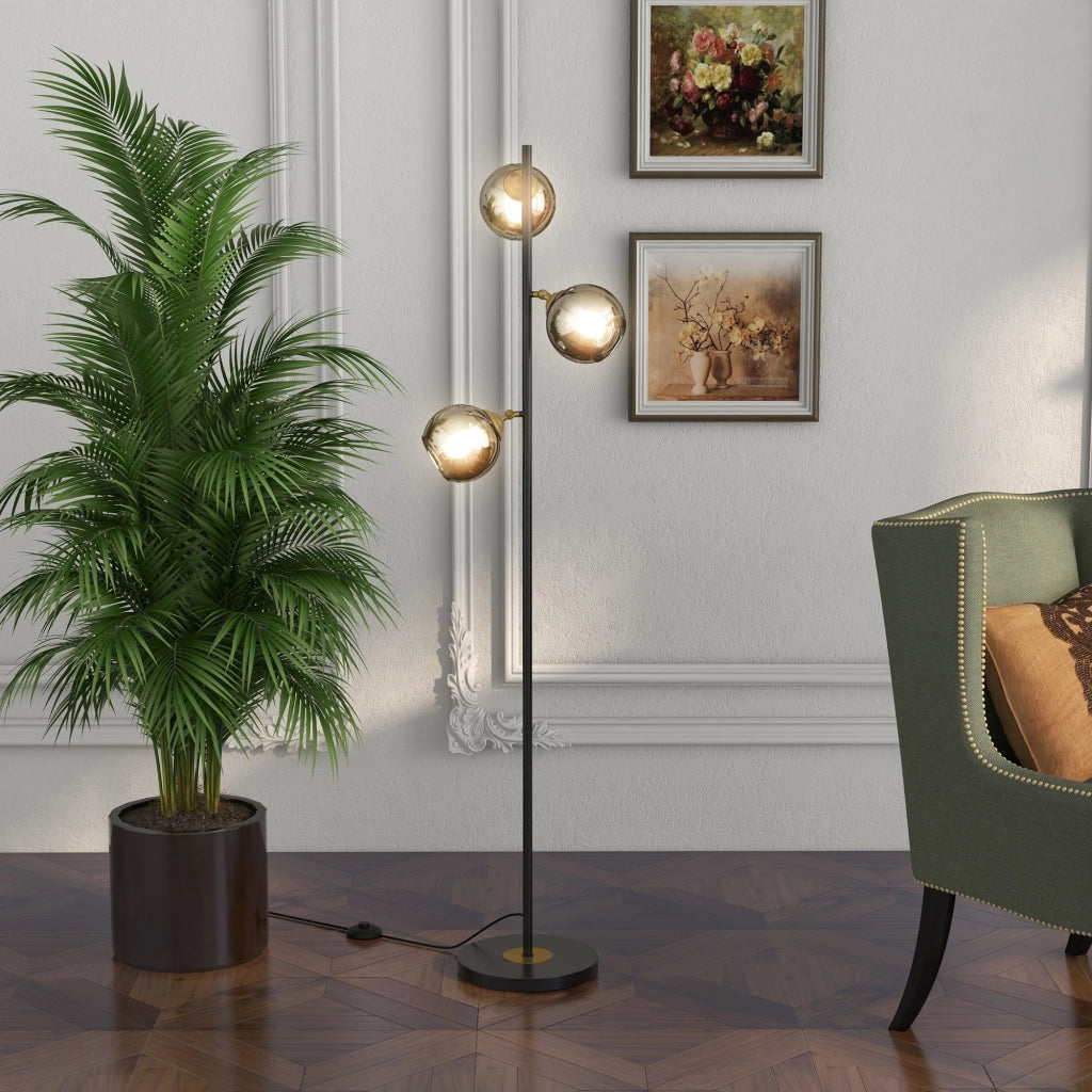Lampada da terra con 3 paralumi ¨C zephmum ¨C nero e grigio, metallo cromato, 36x162 cm