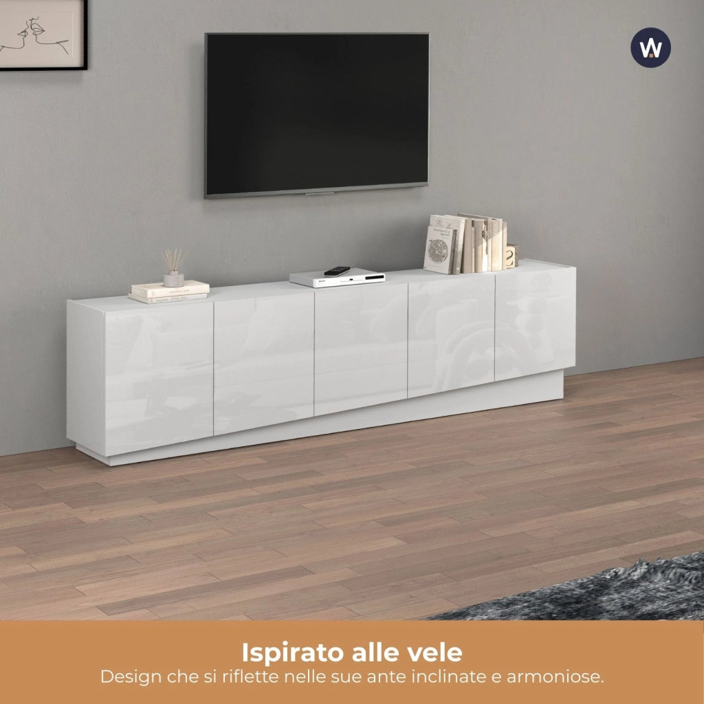 WHOUS Mobile porta TV Vela con 5 ante colore bianco lucido 225x35x60,4 cm