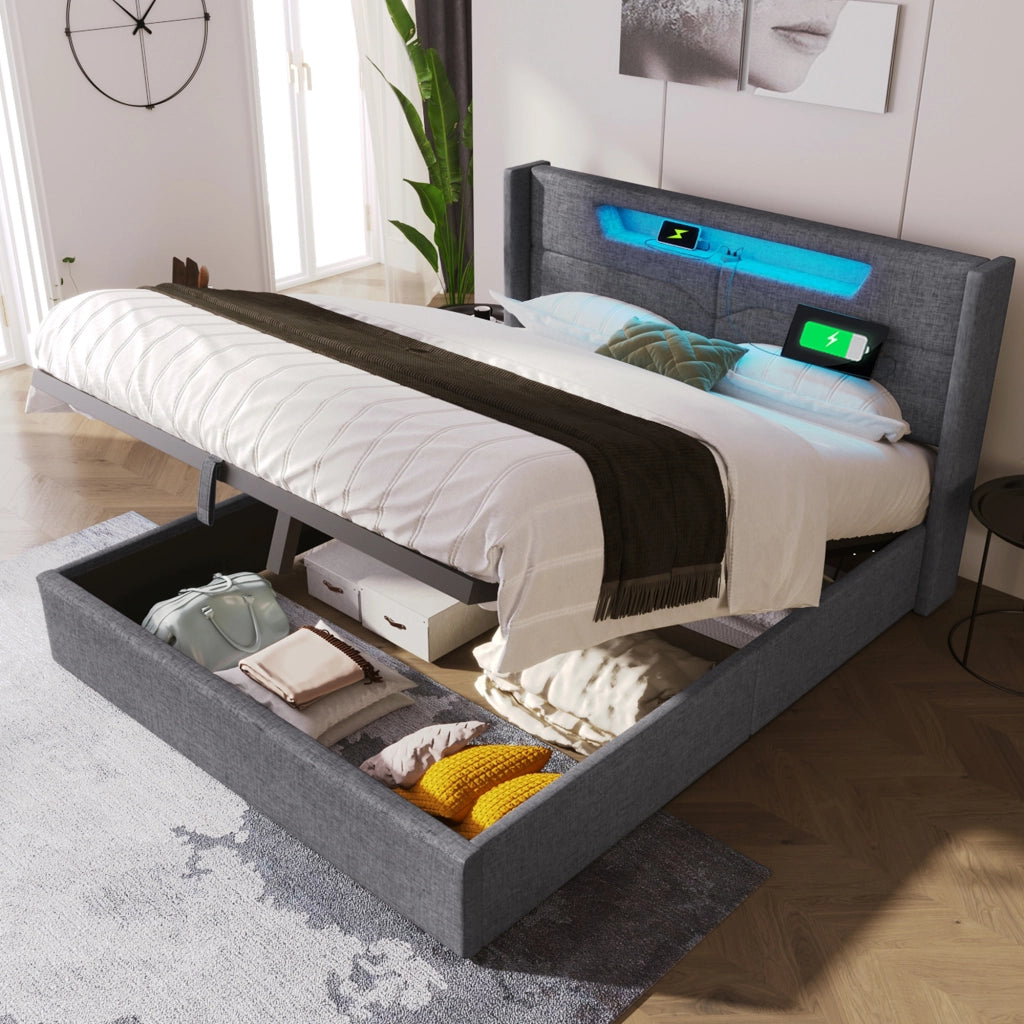 OKWISH Letto Contenitore Letto Matrimoniale, USB, Tipo C e LED, 140 x 200 cm, con Materasso, Grigio
