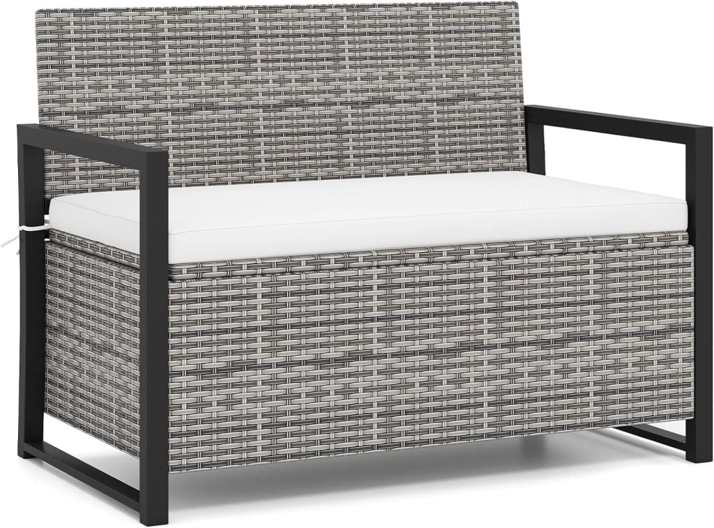 Panca da giardino in rattan, con spazio di archiviazione da 150 l, per esterni, con cuscino, per 2 persone, con schienale e braccioli, portata 360 kg, 117 x 62 x 85 cm