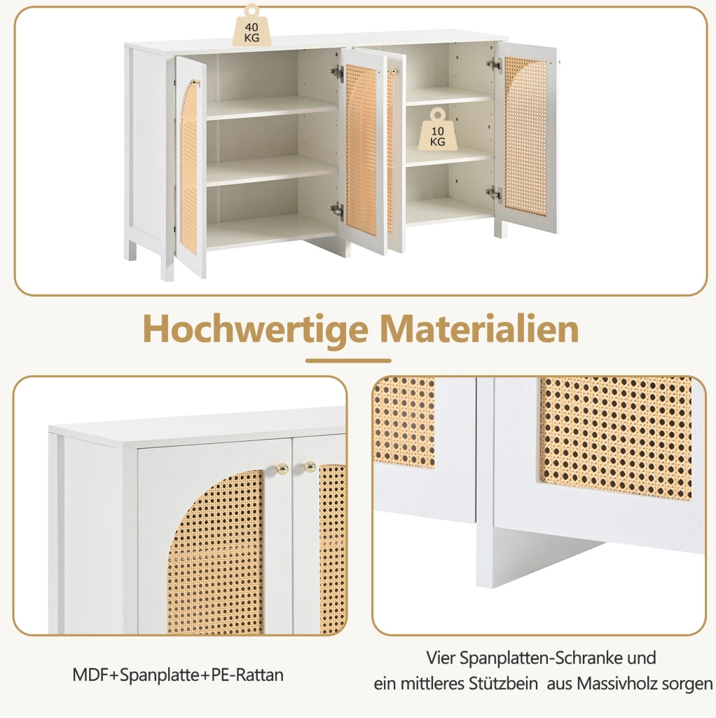 Credenza sideboard a 4 ante in MDF e PE rattan; ripiano regolabile; bianca
