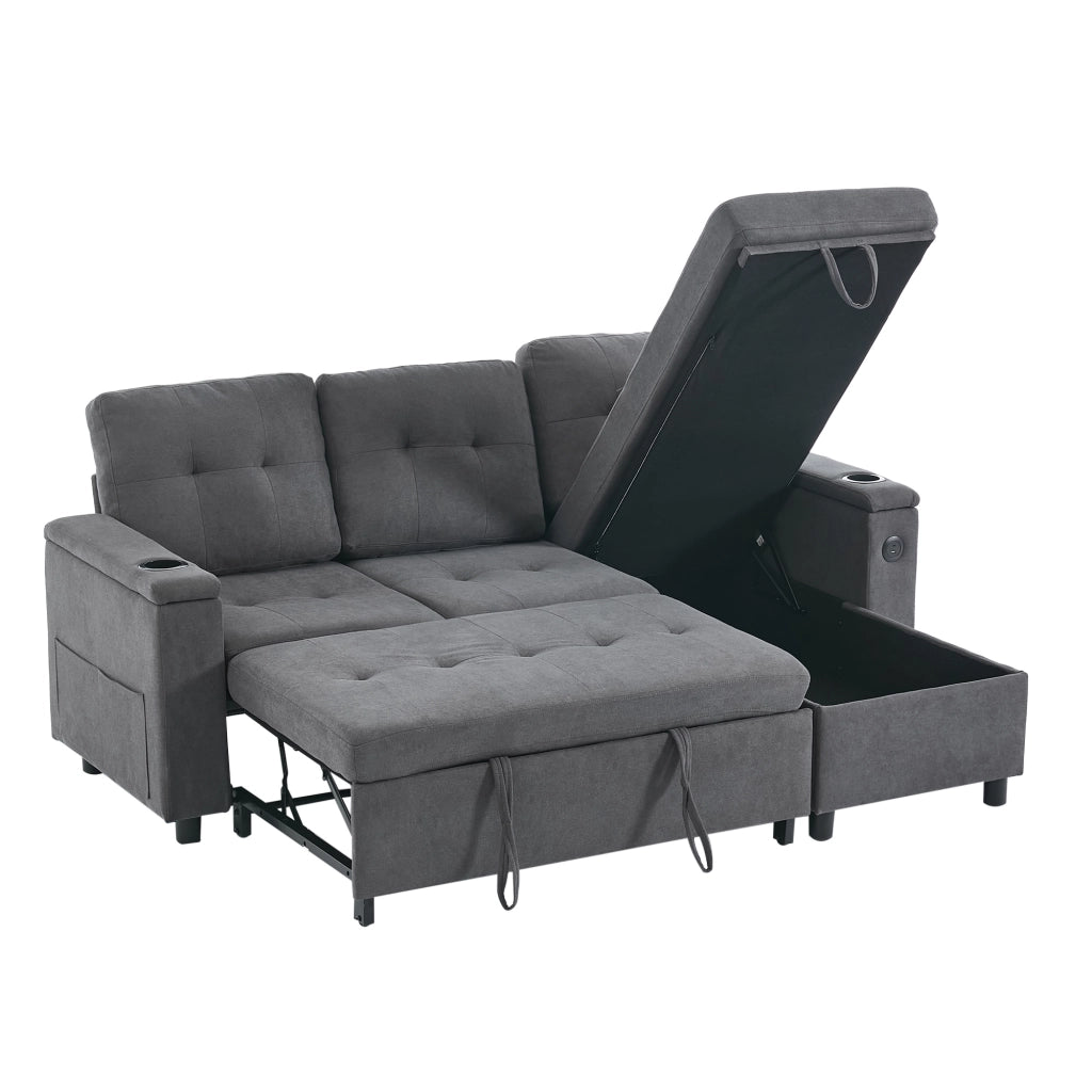 Divano letto convertibile con vano contenitore, luci LED, porte USB, tasche laterali e portabicchieri in tessuto grigio