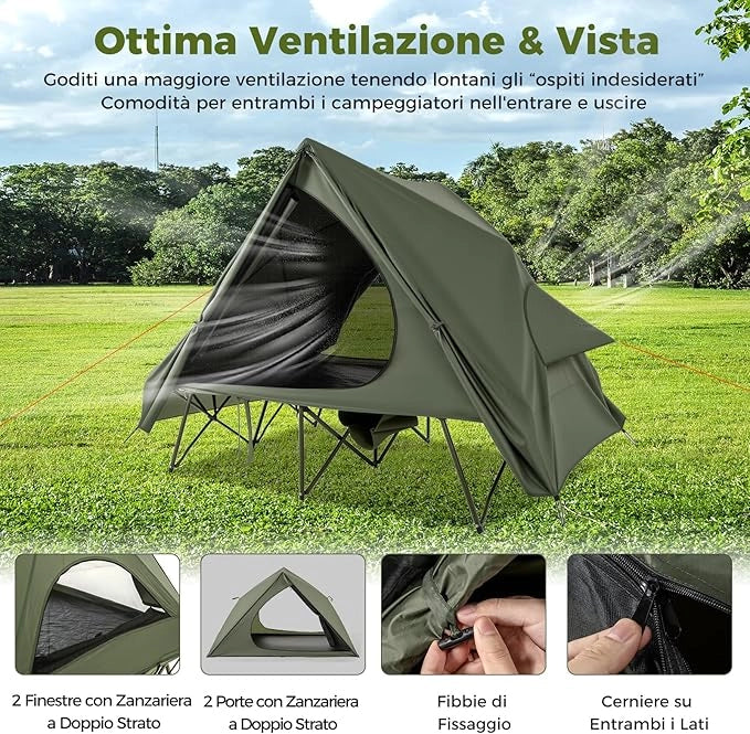 Tenda da Campeggio per 2 Persone, Tenda Impermeabile e Pieghevole con Tenda Pop-up, Letto da Campeggio, Borsa con Ruote, Telo Antipioggia, 2 Porte a Rete e Finestre per Spiaggia e Campeggio