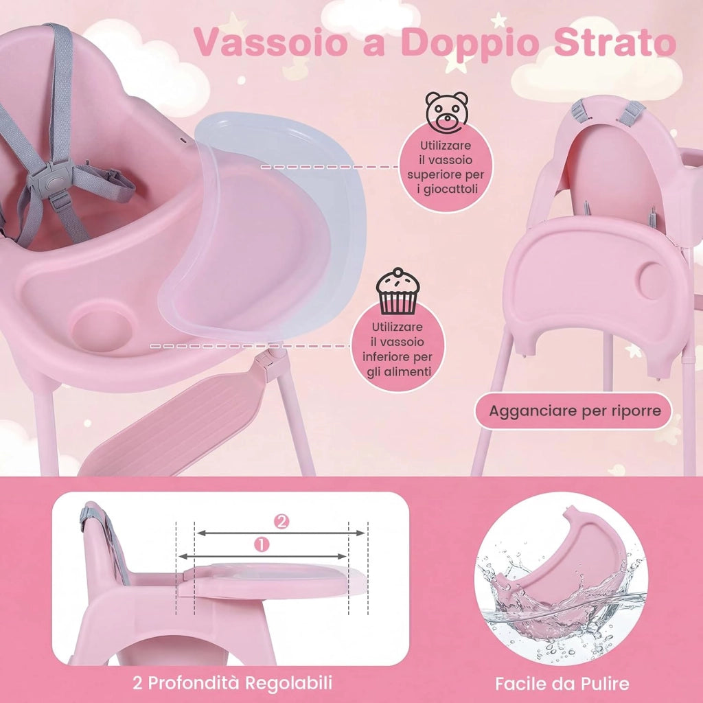 4 in 1 Seggiolone per Bambini, Vassoio Doppio Rimovibile | Cintura di Sicurezza a 5 Punti, Poggiapiedi Reversibile, per Bambini 6-36 Mesi