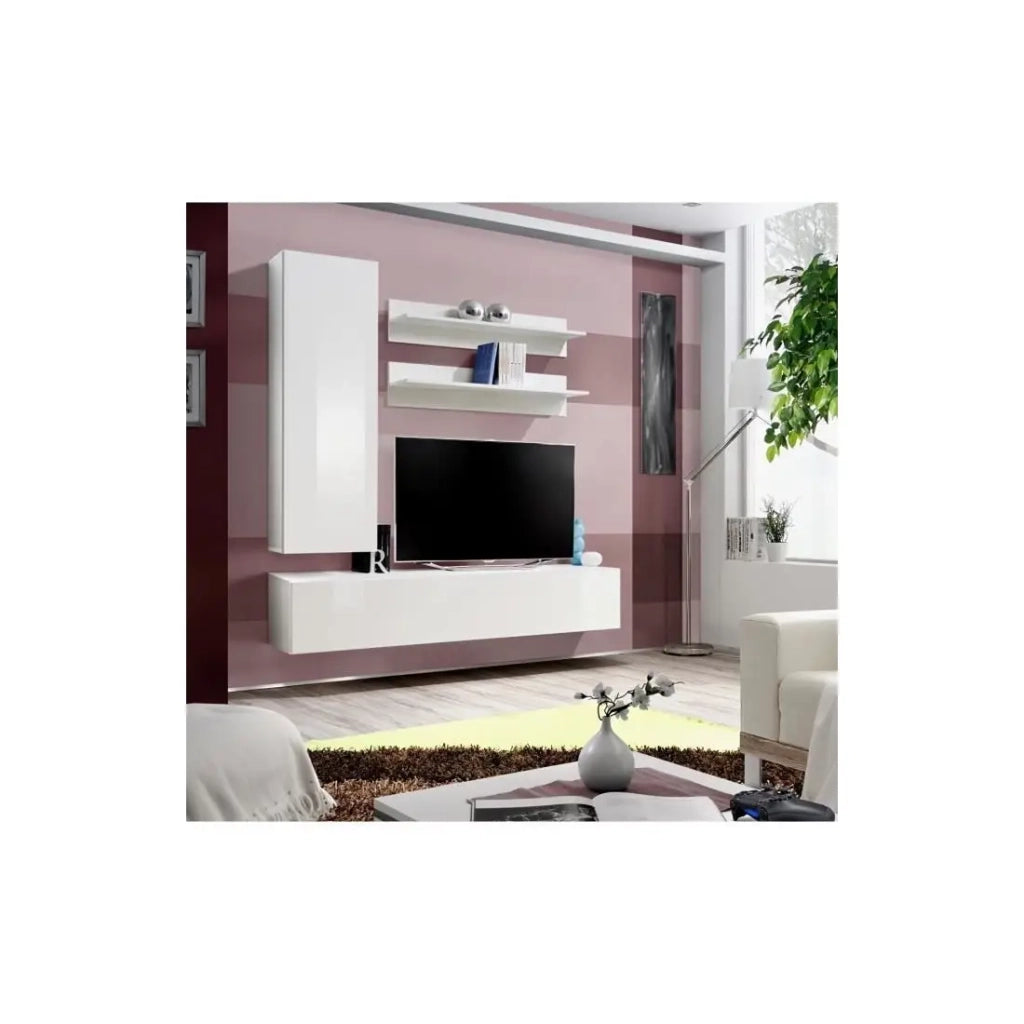 Mobile TV FLY H1 design, colore bianco lucido. Mobile sospeso moderno e alla moda per il tuo soggiorno.