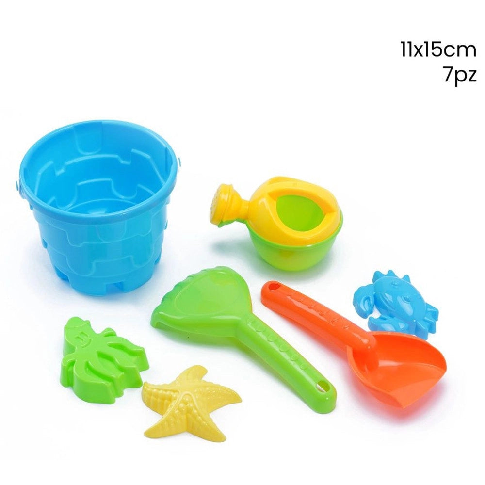 Trade Shop - Set Giochi Sabbia 7pz Secchiello Palette Formine Innaffiatoio Per Bambini 11x15cm 258298 -