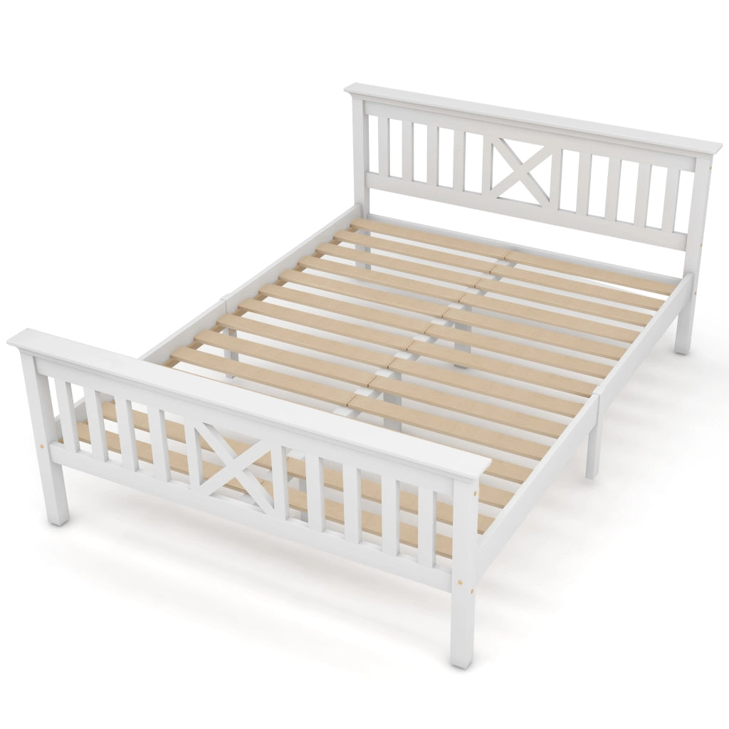 Letto Matrimoniale 140 x 200 cm con Testiera a X e Doghe Integrate; senza Materasso; in Legno Massello; Bianco