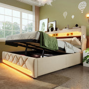 Letto matrimoniale 140x190 cm con contenitore; testiera con USB e Type-C; LED 360掳; beige in lino