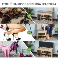 Scarpiera 2 in 1, Panca in Legno con Seduta Imbottita e Scomparto Nascosto, per Entrata/Ingresso, 80 x 30 x 48cm