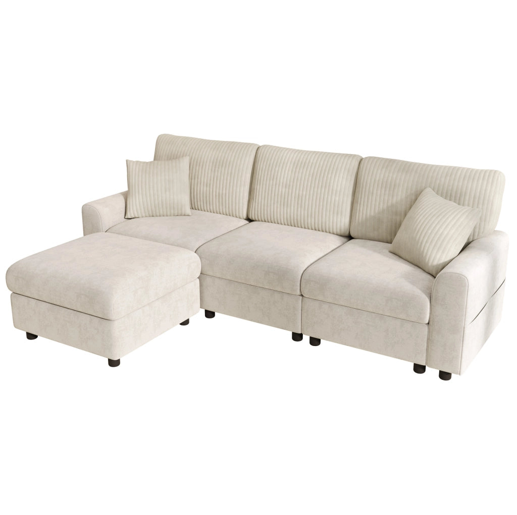 Sofa moderno beige con pouf; 2 cuscini; porta USB e Type-C; 223x146x84 cm