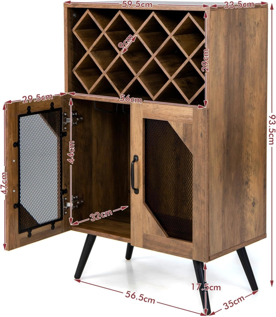 Credenza Cucina Industriale, Cantinetta Vino Legno con Ripiano Estraibile di Bottiglie, 2 Ante in Rete e Dispositivo Antiribaltamento, Mobile a Buffet, Bar, Marrone, 59,5 x 35 x 95,2 cm