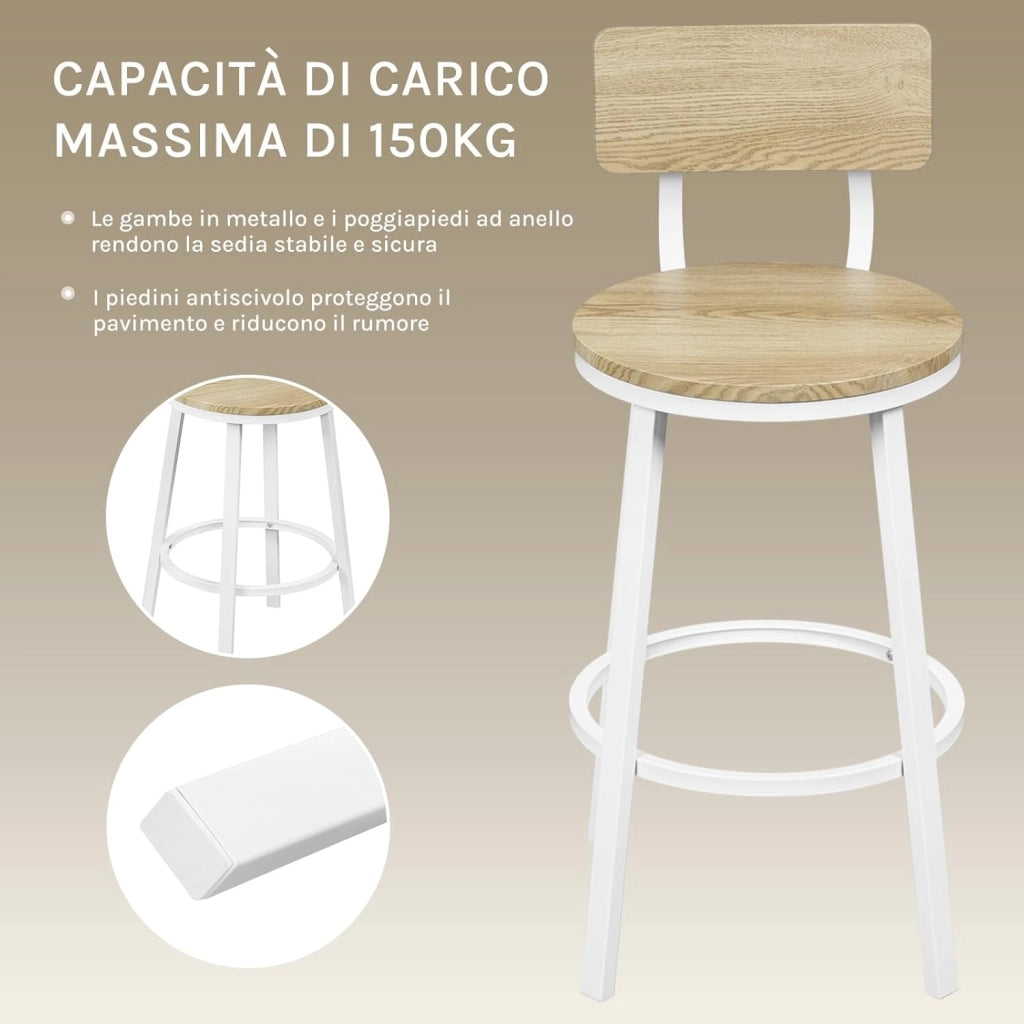 Sgabelli Cucina Set di 2, Sgabelli da Bar per Colazione, con Poggiapiedi e Schienale, Struttura in Metallo, Effetto Legno Chiaro