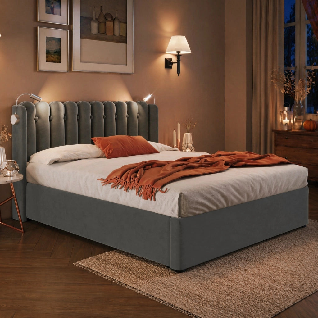 Letto matrimoniale imbottito 140x200 cm in velluto grigio con luce da lettura e USB