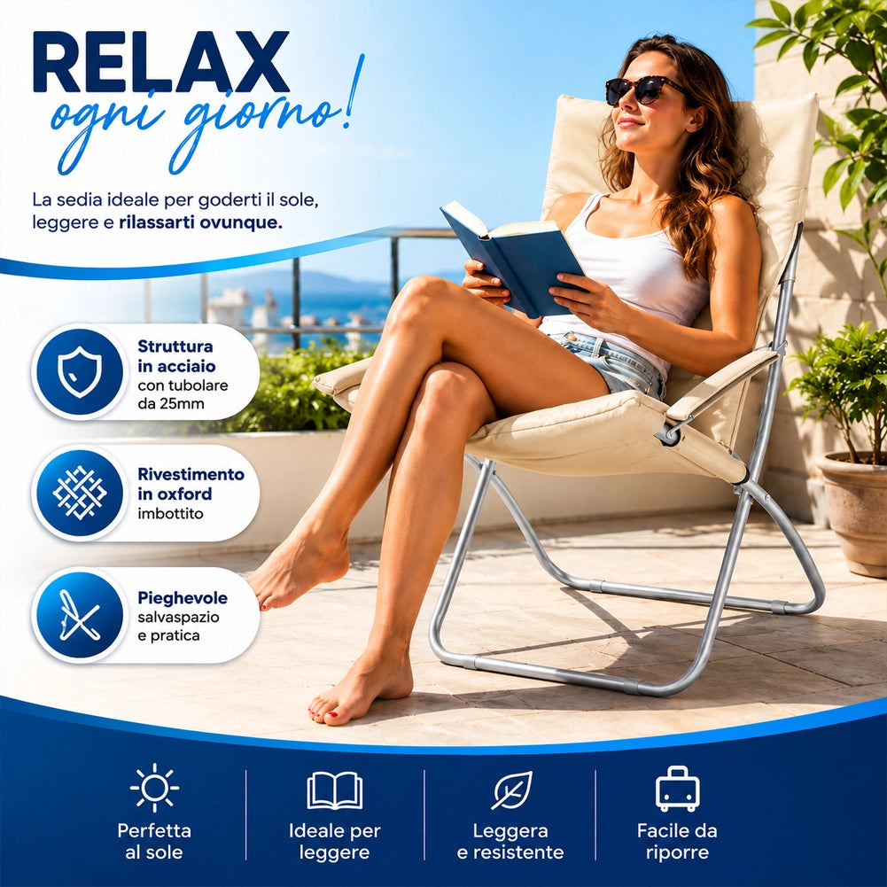 Spiaggina Sedia Canapone In Acciaio Tessuto Imbottito Pieghevole Relax Beige