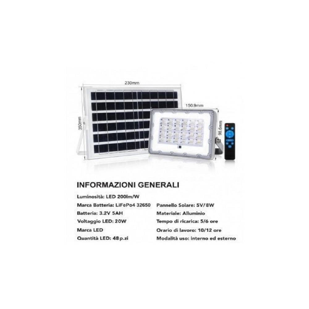 Trade Shop - Faro Led Solare Crepuscolare 20w Pannello Energia Solare Telecomando Ip65 Sl-20w -
