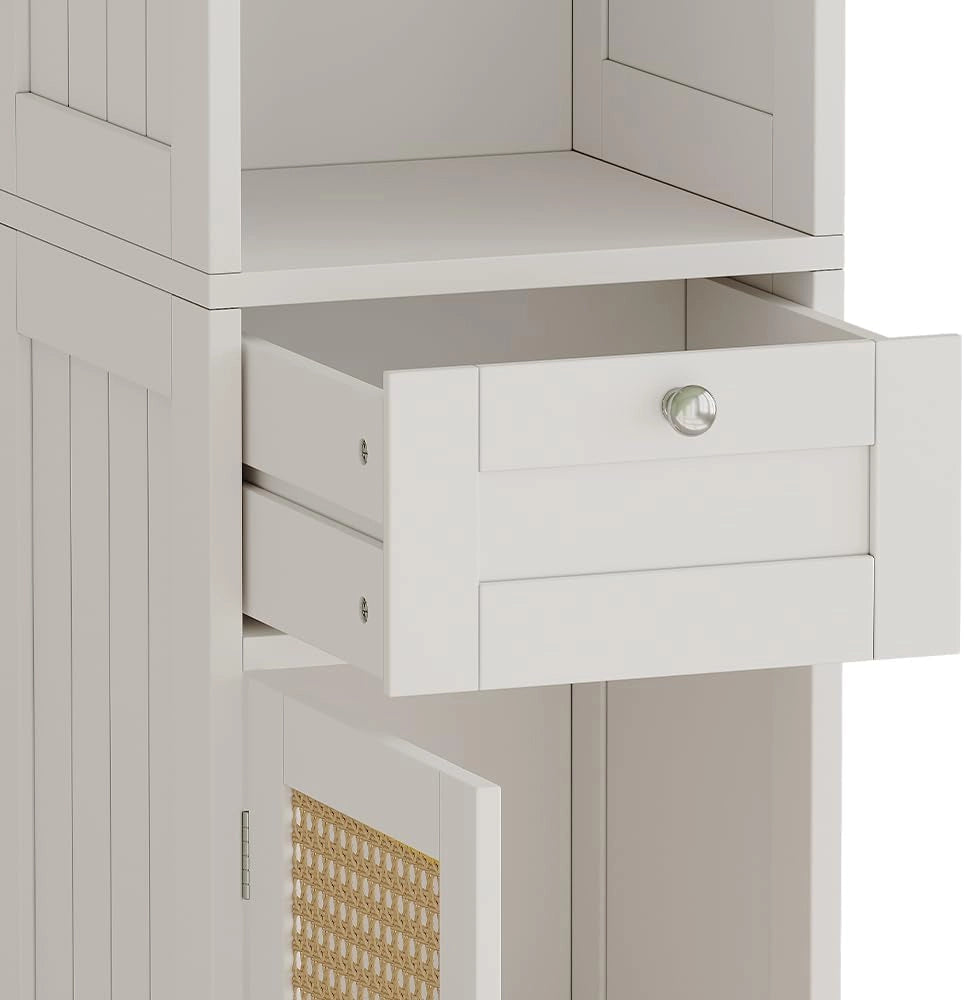 Armadio per il bagno Rosario, Bianco, 32 x 170 cm con 2 ante e cassetto, per la conservazione di articoli da bagno e asciugamani