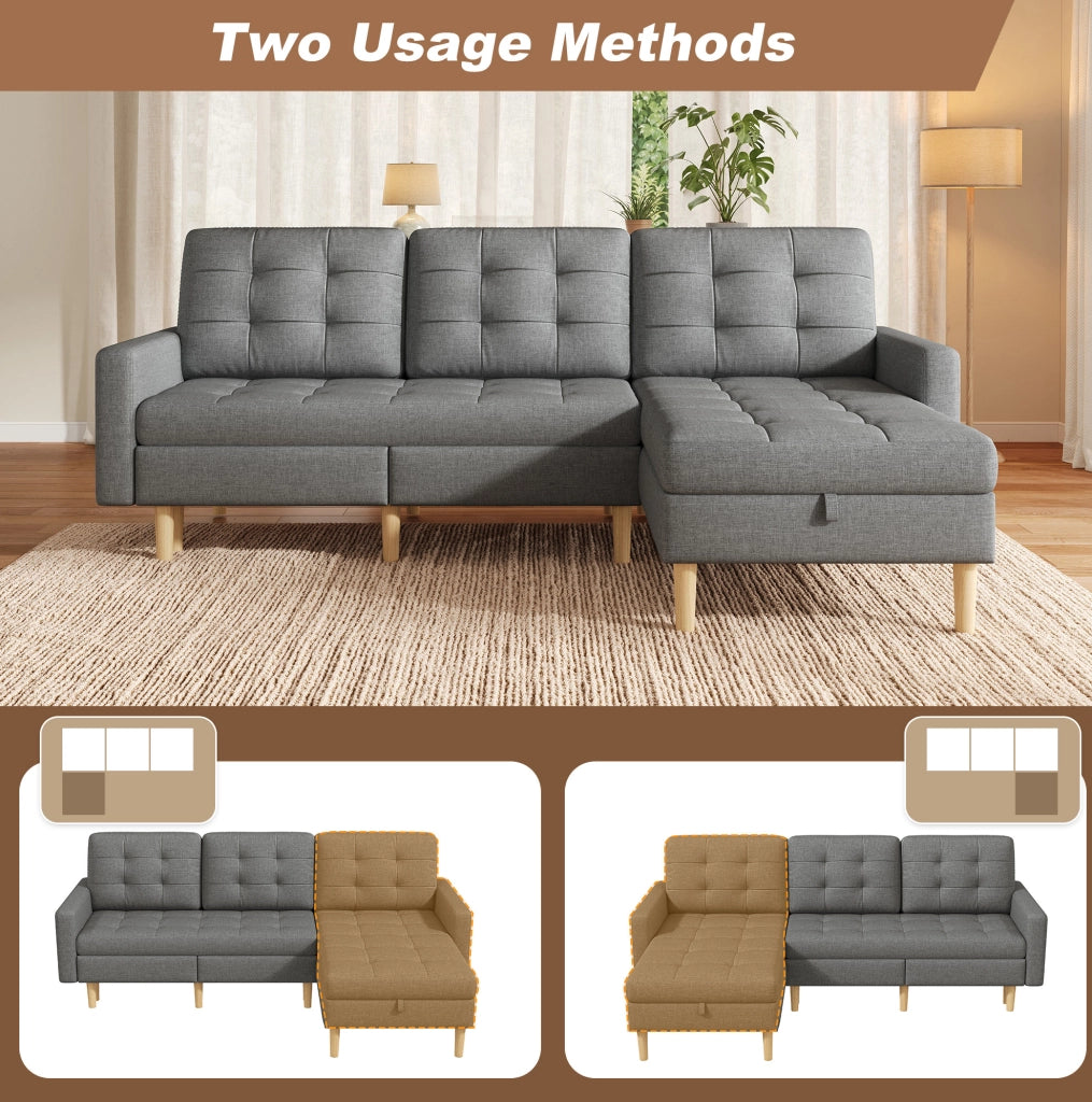Divano angolare a L con contenitore e chaise longue reversibile, grigio