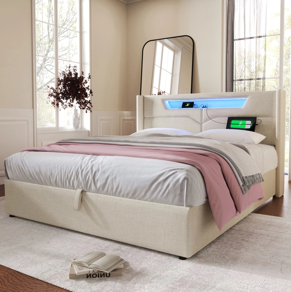 Letto matrimoniale imbottito 140x200 cm in tessuto lino beige con LED; USB e contenitore