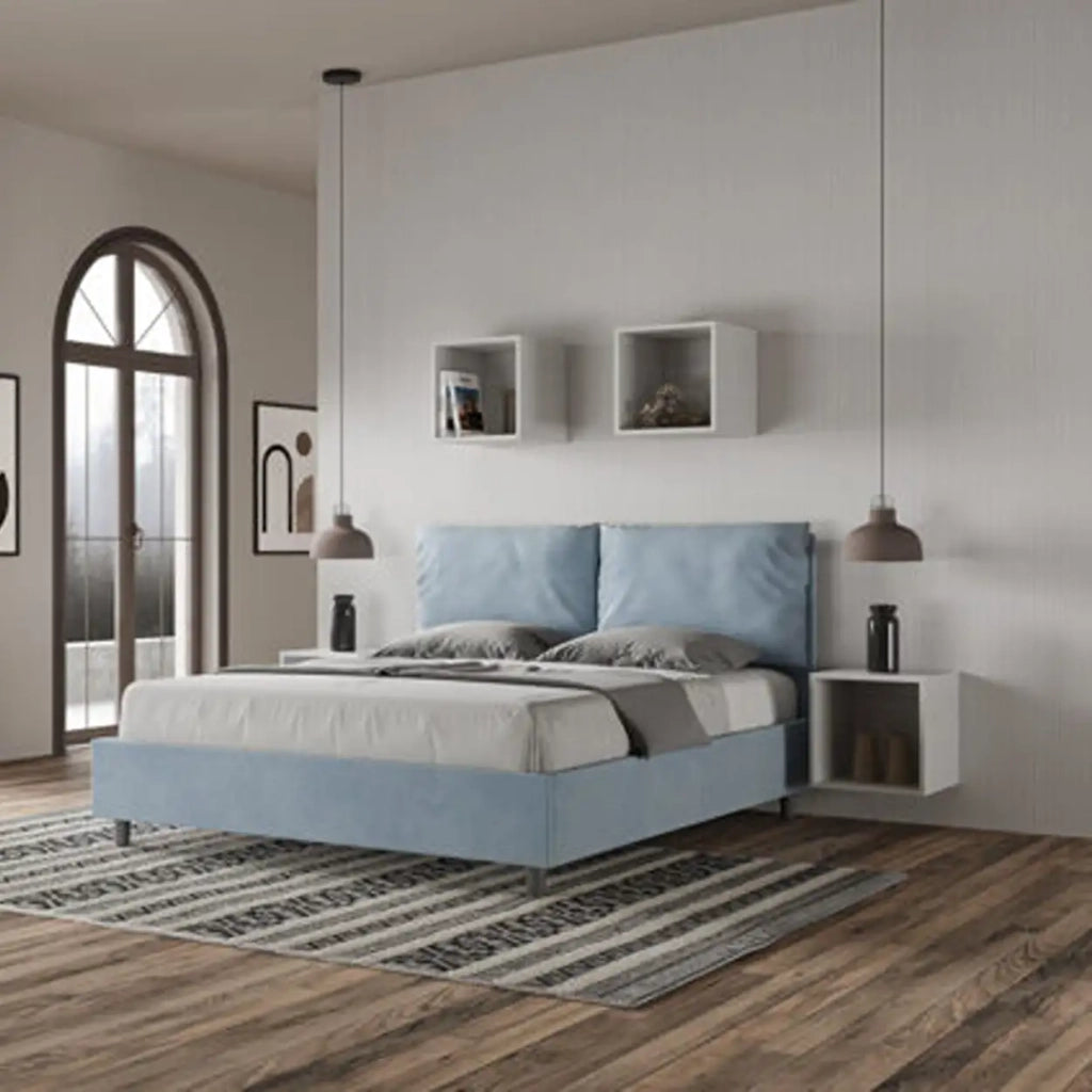 Letto matrimoniale senza rete imbottito 160x190 microfibra azzurro Antea