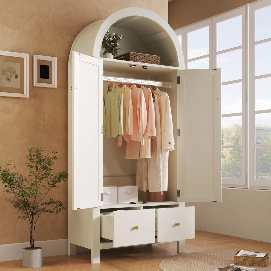 Armadio con intreccio in rattan, 2 ante, 2 cassetti e appendiabiti, stile country, bianco, 181 × 78 × 45 cm