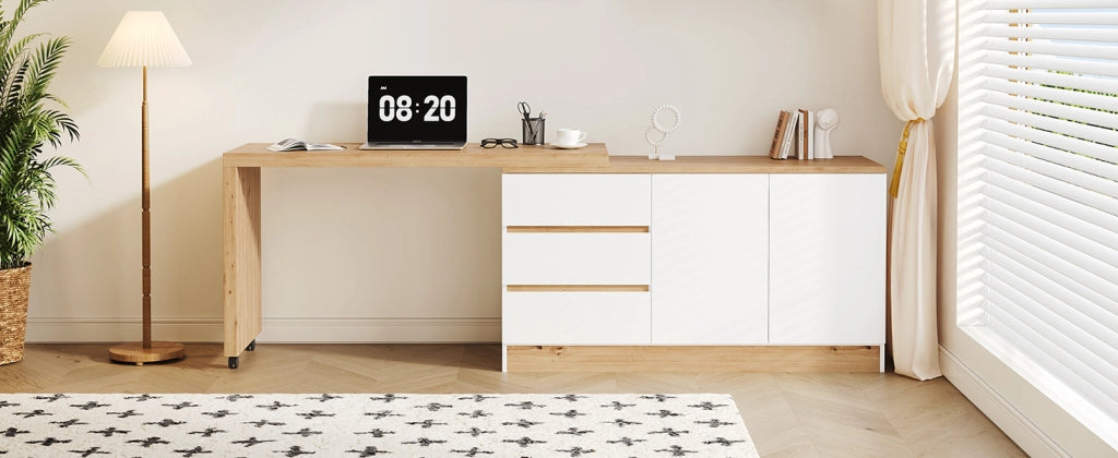 Scrivania pieghevole multifunzionale con 2 ante e 3 cassetti, girevole, per home office, bianco e rovere, 120 × 50 × 78 cm