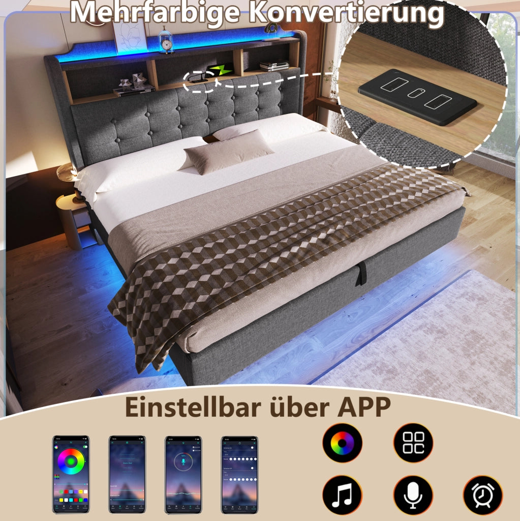 Letto imbottito 180x200 cm con LED, contenitore idraulico e porte USB