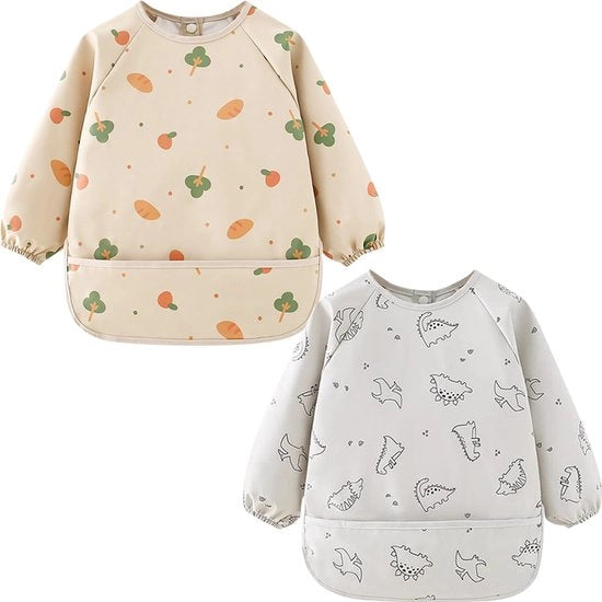 Slabbetji per bambino 2-pack con maniche, slabbetji impermeabili PU con maniche per bambini di 2-3 anni. Slabbetji per bambini con maniche in stile dinosauro per dipingere, fare attività manuali, mangiare e giocare.