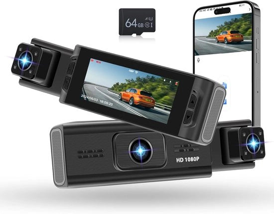 Dual Dashcam per Auto - Dualcam per Auto - Camera per Auto - Full HD Dualcam - Dualcam con Visione Notturna - Dualcam con Sensore di Movimento - Obiettivo con Angolo di Campo Ampio - Modalità di Parcheggio - Registrazione Continua - Dualcam con Carta SD