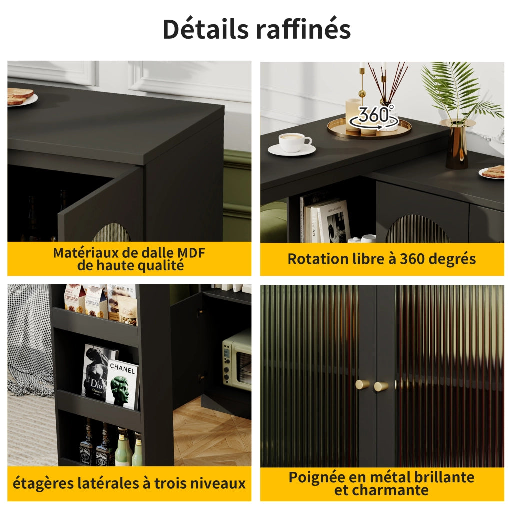 Mobile Bar con Anta in Vetro; Ripiani Aperti e Rotazione a 360°; per Cucina e Sala da Pranzo; in MDF; Nero