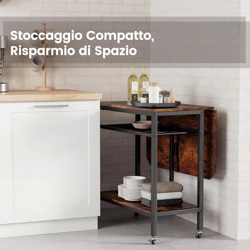Tavolo da Pranzo per 2-4 Persone, Tavolo Pieghevole con Ampio Piano, Portabottiglie, Ripiano Portaoggetti e Ruote Bloccabili per Cucina, Sala da Pranzo e Soggiorno, 75 x 80 x 75 cm