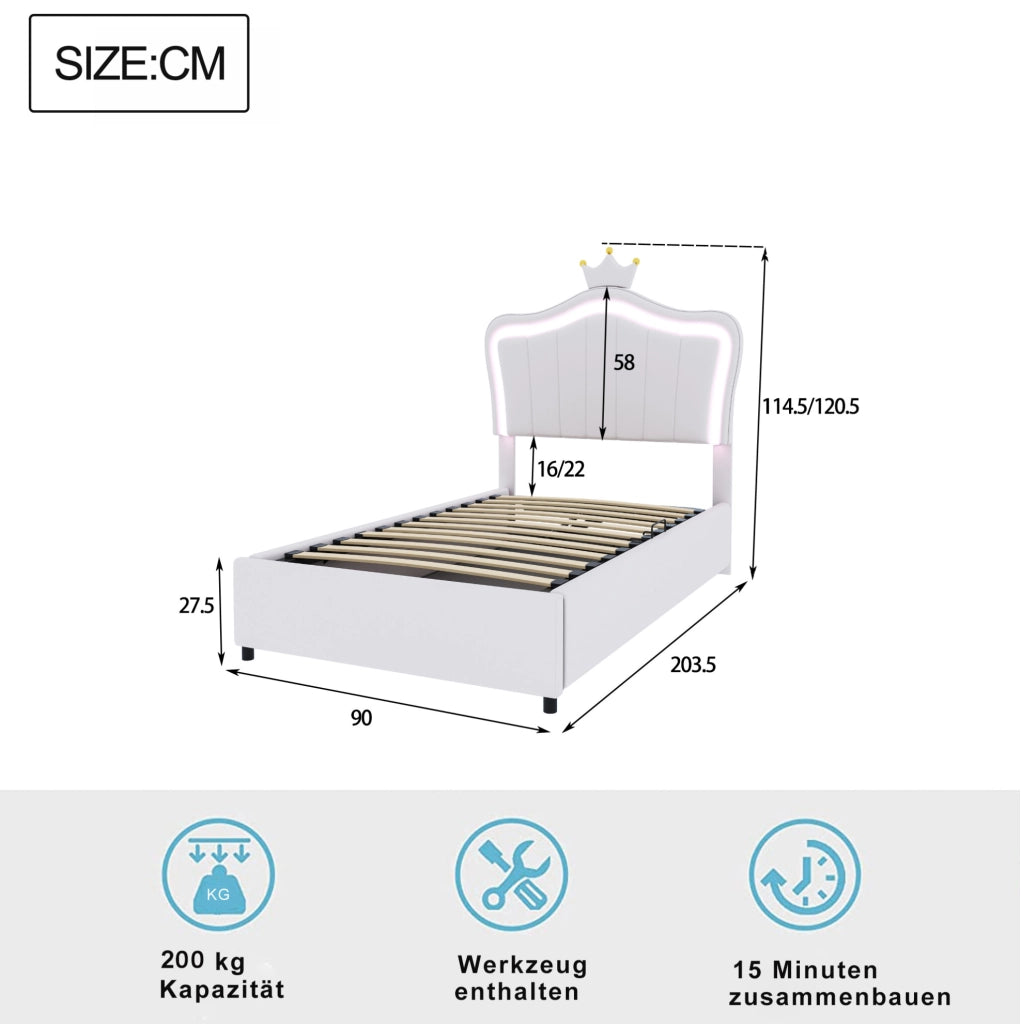 Letto imbottito per bambini 90x200 cm con LED; contenitore idraulico; testiera a conchiglia bianca