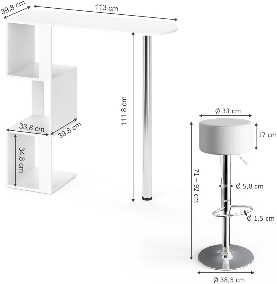 Set di tavoli da bar Vincent, Bianco, 113 x 39.8 cm con 2 sgabelli da bar, per l'utilizzo come tavolo alto con ripiani laterali