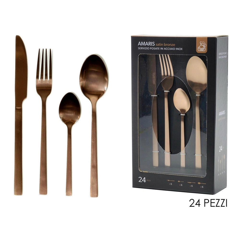 Trade Shop - Set Servizio Di Posate In Acciaio Inox Bronzo Satinato Da 24pz Stile Elegante Raffinato -