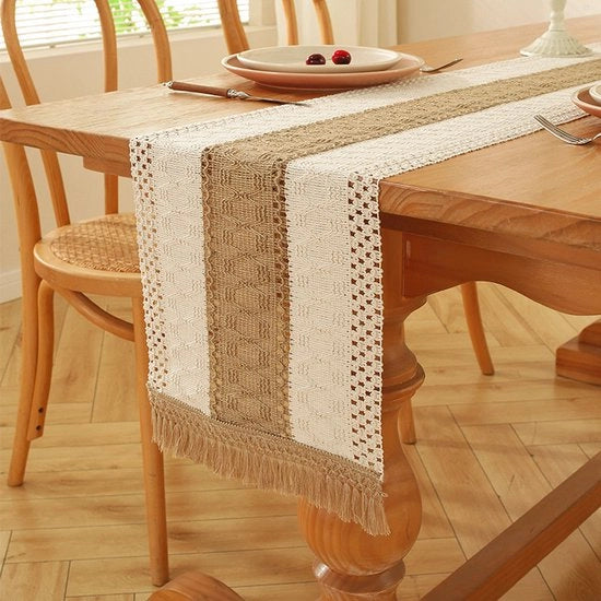 Tavolo da pranzo in stile boemo con pennelli - tavolo da pranzo con tessuto in rilievo - tavolo da pranzo con tovaglia a rete in stile rustico - adatto per la tavola da pranzo in primavera, arredamento di casa - 30x120cm